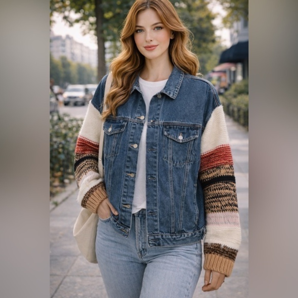 Multi Fabric Sweater Sleeve Denim Jacket | Mixed Fabric Boho Style NWOT 2X #2544